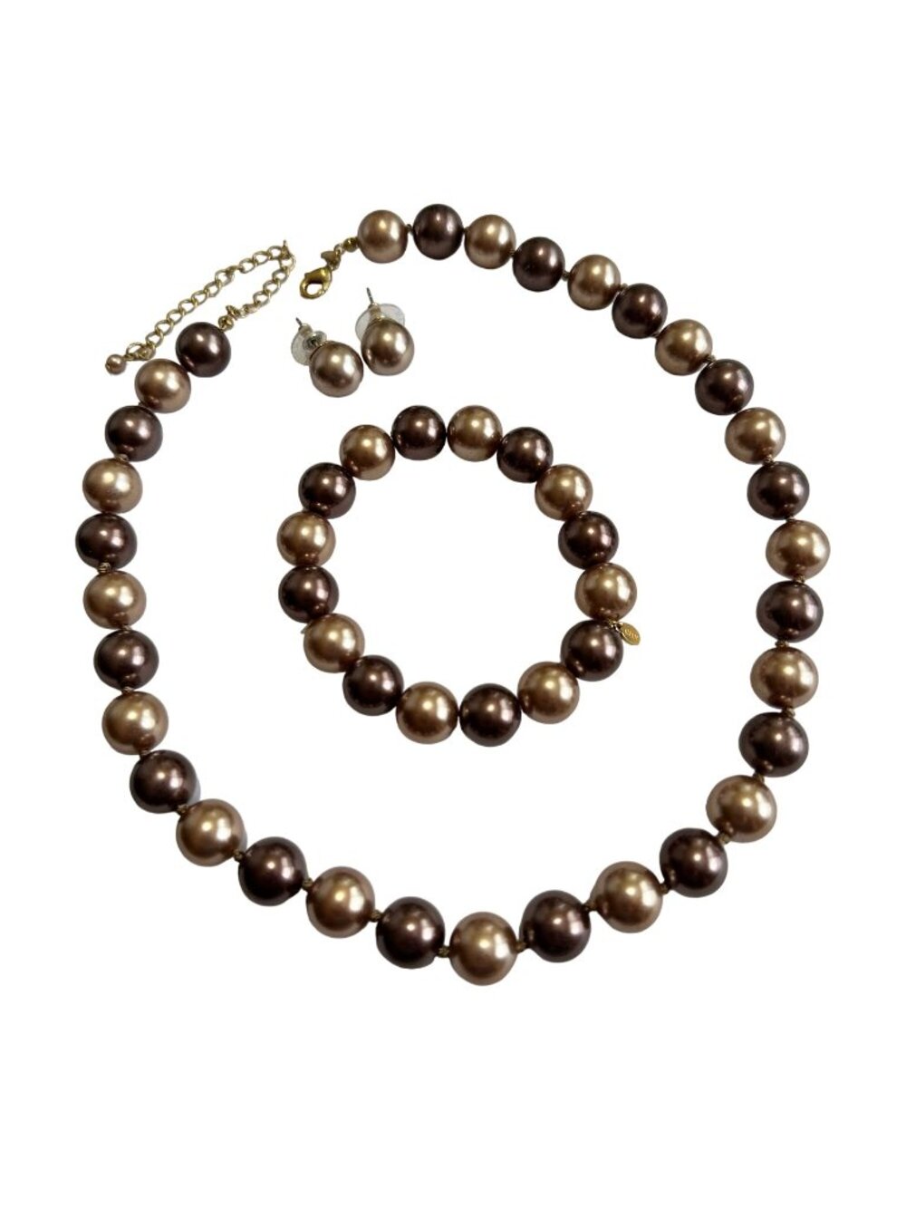 RMN Pearl Necklace Bracelet Earrings Set Gold Tone Chocolate